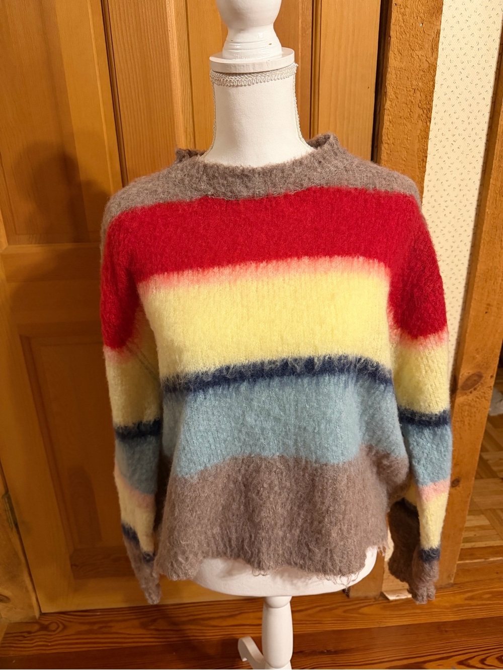 POL Multicolor Fuzzy Striped Crewneck Sweater - Red, Yellow, Blue, Brown